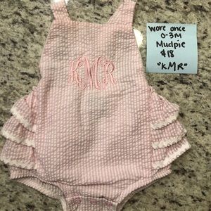 Seersucker monogrammed “KMR” romper